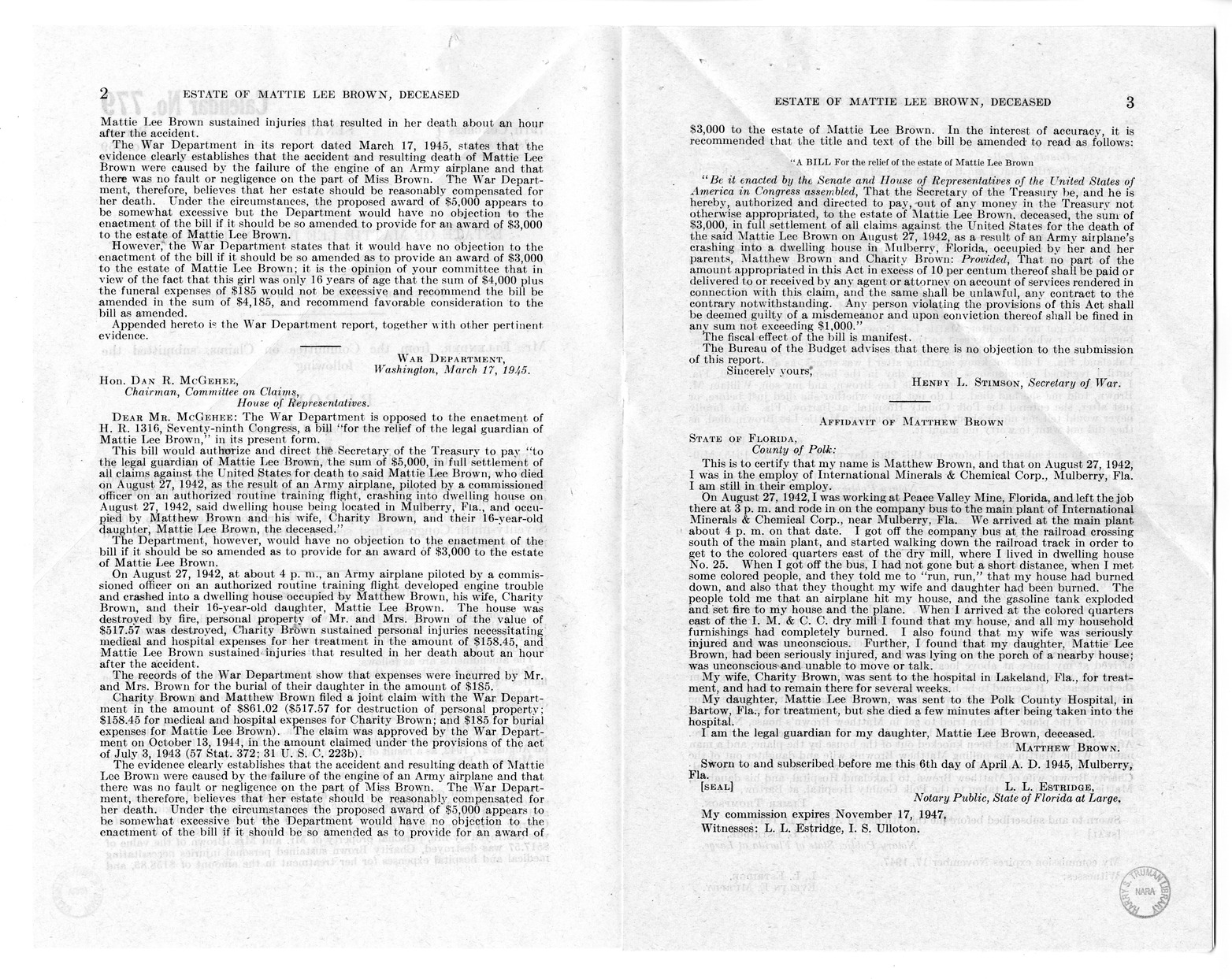 Memorandum from Frederick J. Bailey to M. C. Latta, H.R. 1316, For the Relief of the Estate of Mattie Lee Brown, Deceased, with Attachments