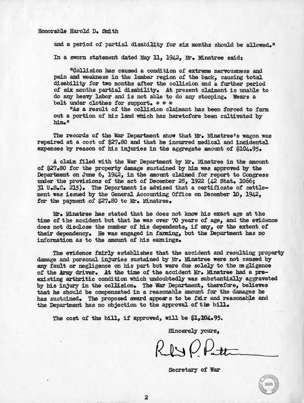 Memorandum from Frederick J. Bailey to M. C. Latta, H.R. 1358, For the Relief of O. M. Minatree, with Attachments