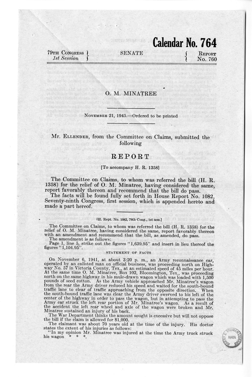 Memorandum from Frederick J. Bailey to M. C. Latta, H.R. 1358, For the Relief of O. M. Minatree, with Attachments