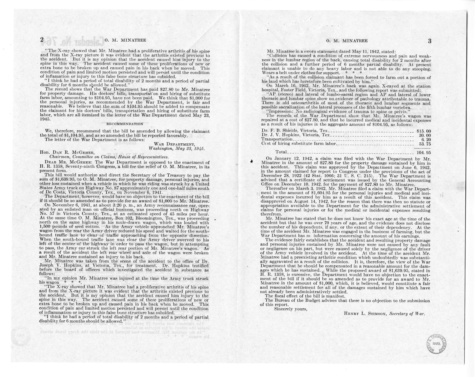 Memorandum from Frederick J. Bailey to M. C. Latta, H.R. 1358, For the Relief of O. M. Minatree, with Attachments