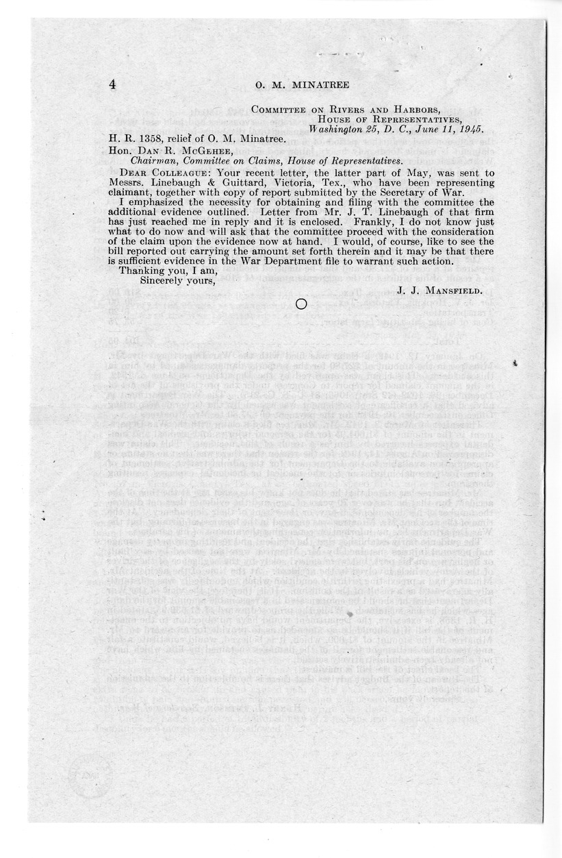 Memorandum from Frederick J. Bailey to M. C. Latta, H.R. 1358, For the Relief of O. M. Minatree, with Attachments