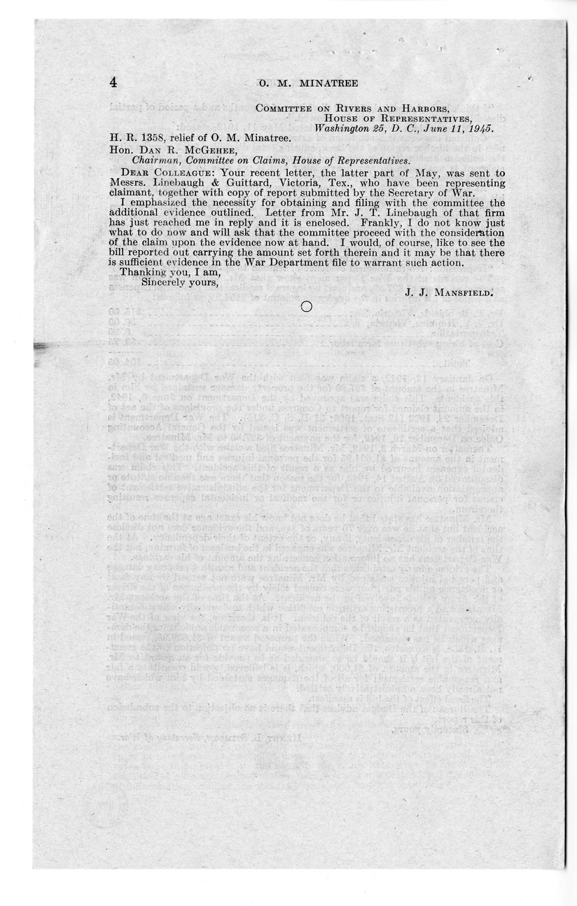 Memorandum from Frederick J. Bailey to M. C. Latta, H.R. 1358, For the Relief of O. M. Minatree, with Attachments