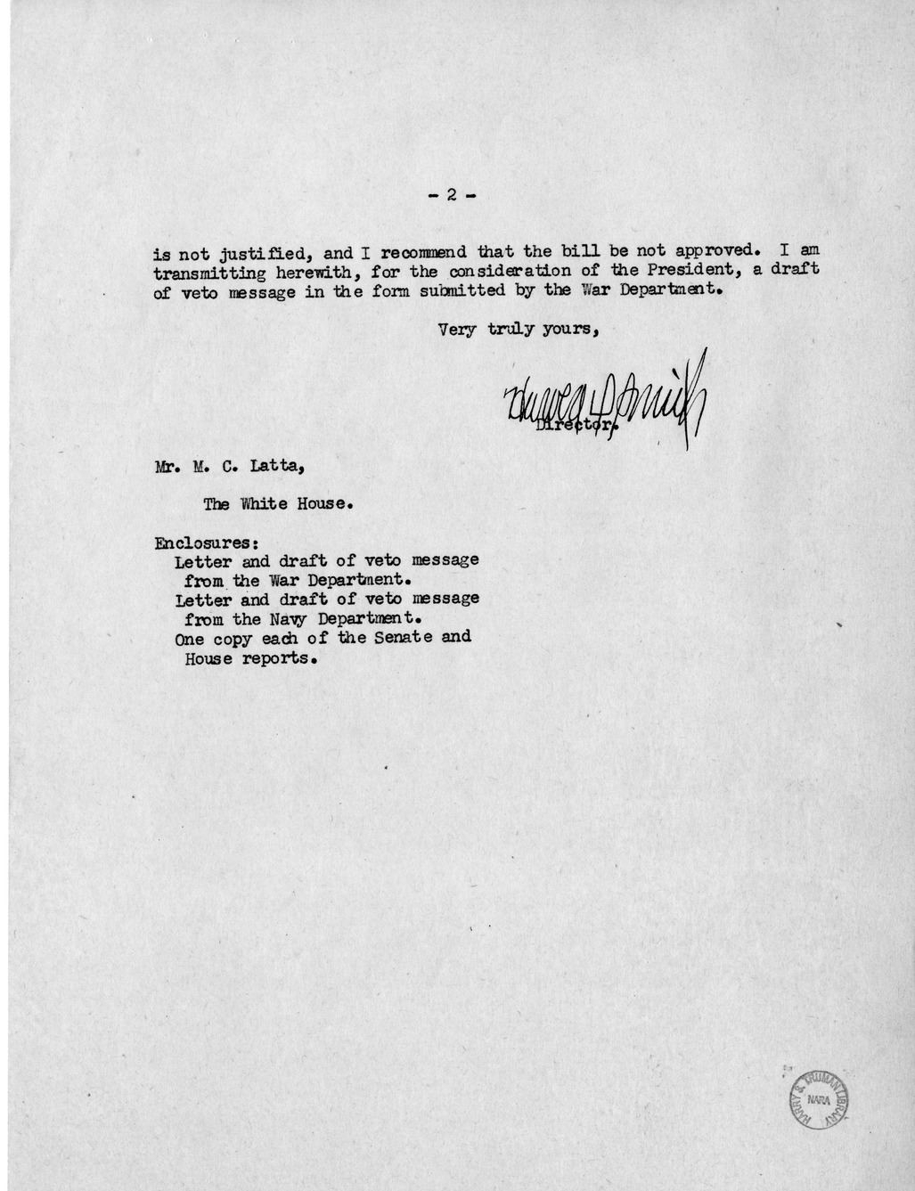 Memorandum from Harold D. Smith to M. C. Latta, H.R. 1512, To Amend Section 9 of the Pay Readjustment Act of 1942 (Public Law 607) by Providing for the Computation of Double-Time Credits Awarded Between 1898 and 1912 in Determining Retired Pay, with Attachments