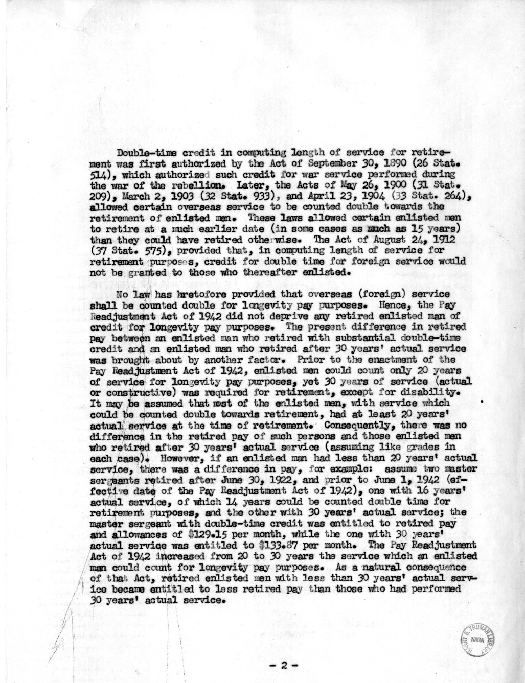 Memorandum from Harold D. Smith to M. C. Latta, H.R. 1512, To Amend Section 9 of the Pay Readjustment Act of 1942 (Public Law 607) by Providing for the Computation of Double-Time Credits Awarded Between 1898 and 1912 in Determining Retired Pay, with Attachments