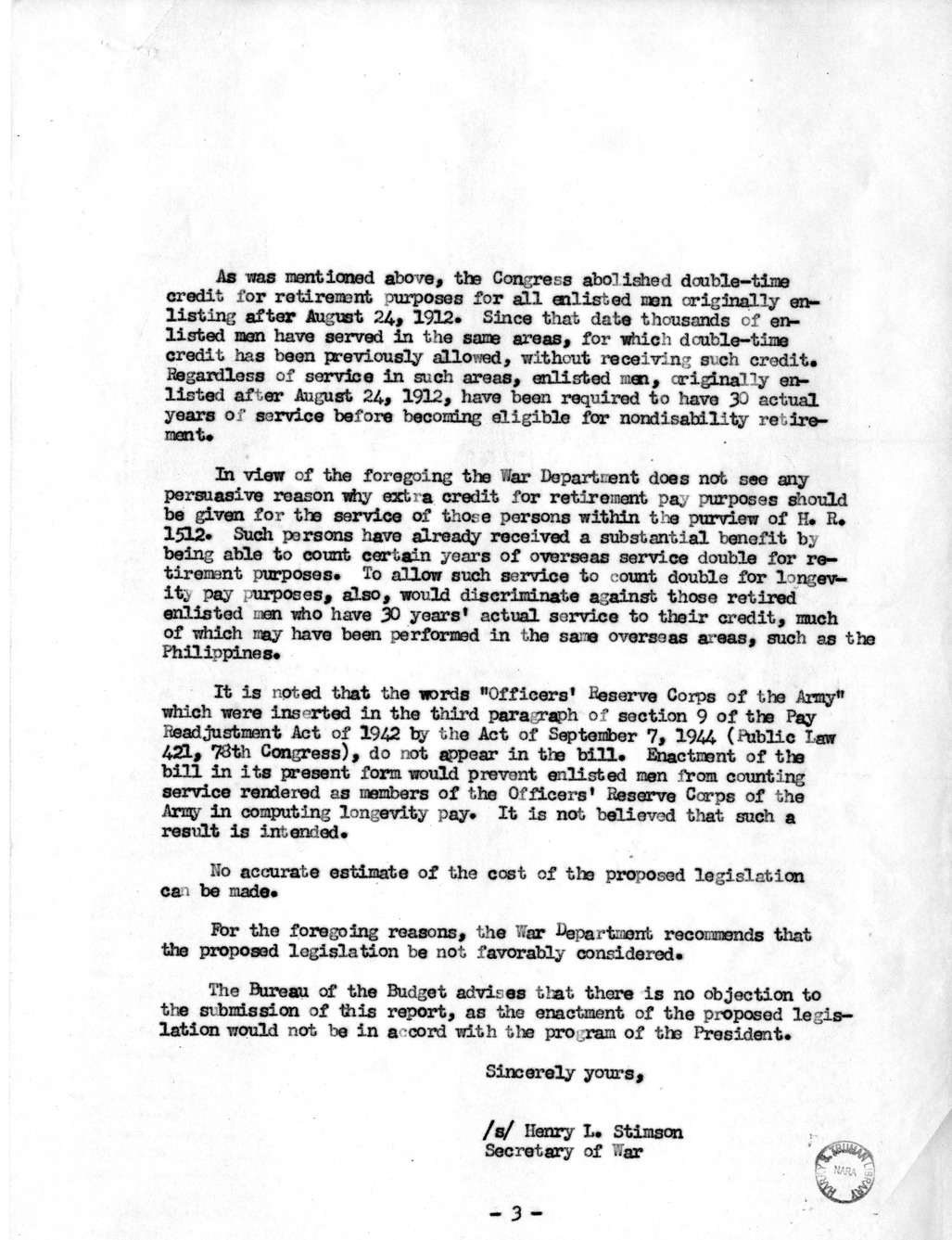 Memorandum from Harold D. Smith to M. C. Latta, H.R. 1512, To Amend Section 9 of the Pay Readjustment Act of 1942 (Public Law 607) by Providing for the Computation of Double-Time Credits Awarded Between 1898 and 1912 in Determining Retired Pay, with Attachments