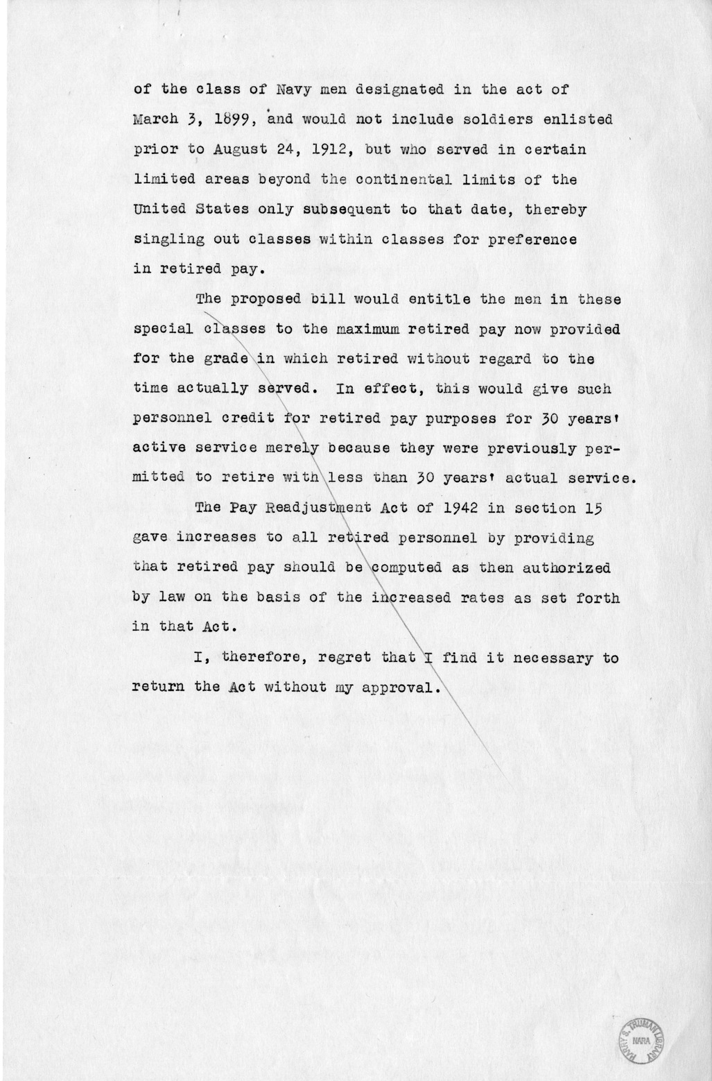 Memorandum from Harold D. Smith to M. C. Latta, H.R. 1512, To Amend Section 9 of the Pay Readjustment Act of 1942 (Public Law 607) by Providing for the Computation of Double-Time Credits Awarded Between 1898 and 1912 in Determining Retired Pay, with Attachments