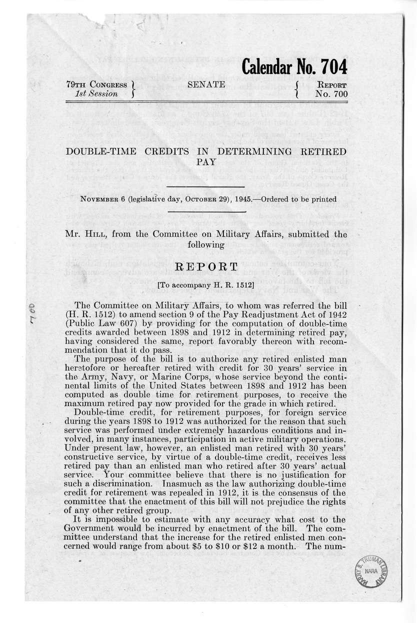 Memorandum from Harold D. Smith to M. C. Latta, H.R. 1512, To Amend Section 9 of the Pay Readjustment Act of 1942 (Public Law 607) by Providing for the Computation of Double-Time Credits Awarded Between 1898 and 1912 in Determining Retired Pay, with Attachments