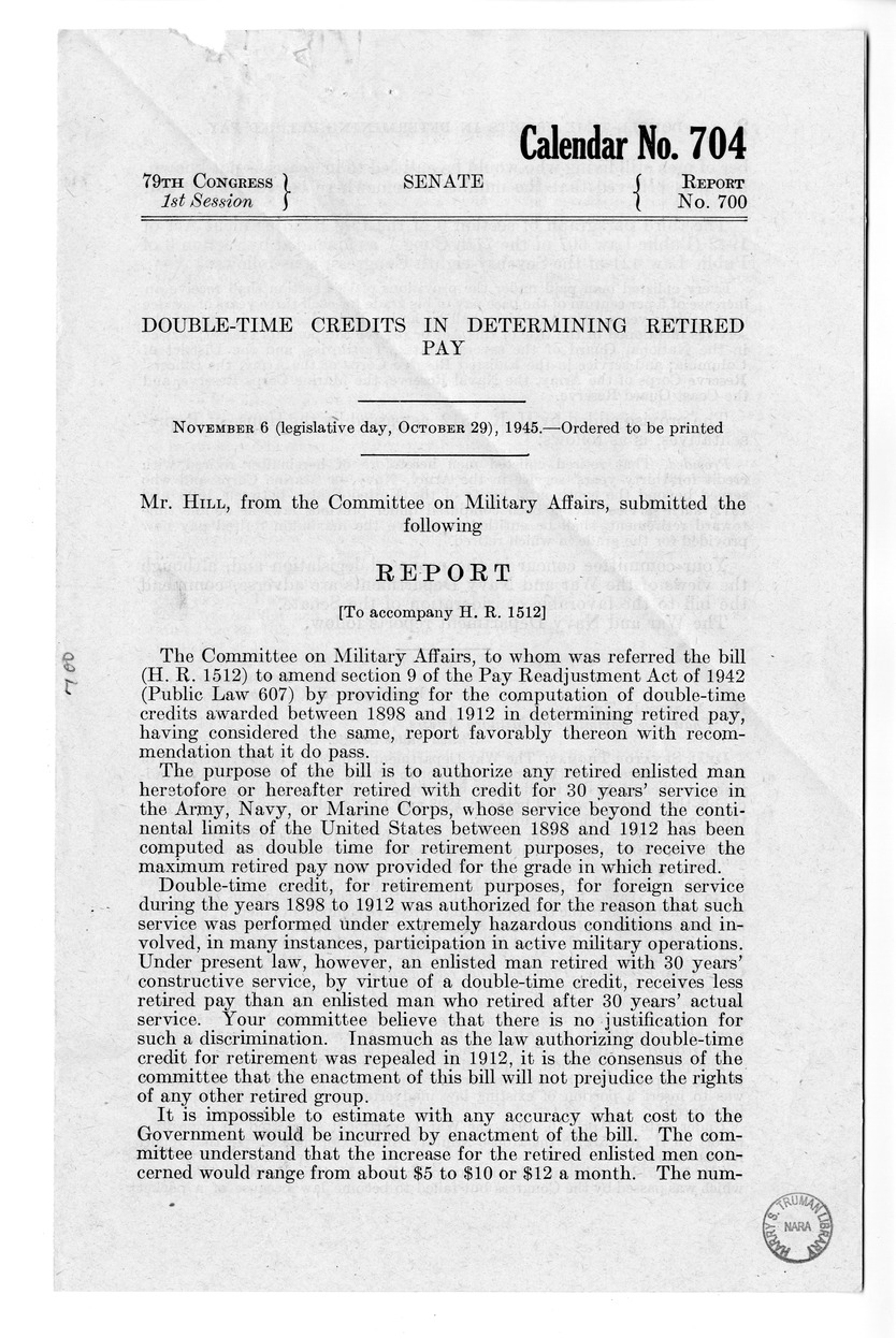 Memorandum from Harold D. Smith to M. C. Latta, H.R. 1512, To Amend Section 9 of the Pay Readjustment Act of 1942 (Public Law 607) by Providing for the Computation of Double-Time Credits Awarded Between 1898 and 1912 in Determining Retired Pay, with Attachments