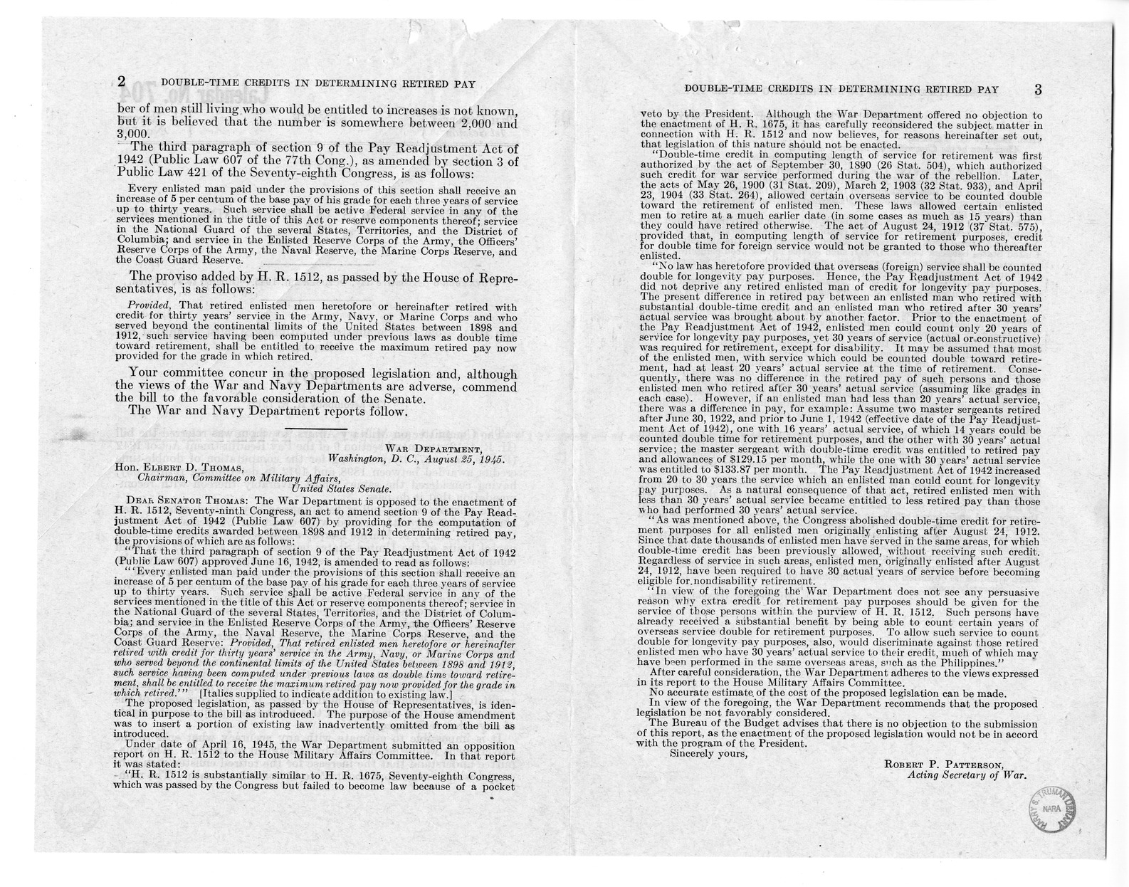 Memorandum from Harold D. Smith to M. C. Latta, H.R. 1512, To Amend Section 9 of the Pay Readjustment Act of 1942 (Public Law 607) by Providing for the Computation of Double-Time Credits Awarded Between 1898 and 1912 in Determining Retired Pay, with Attachments