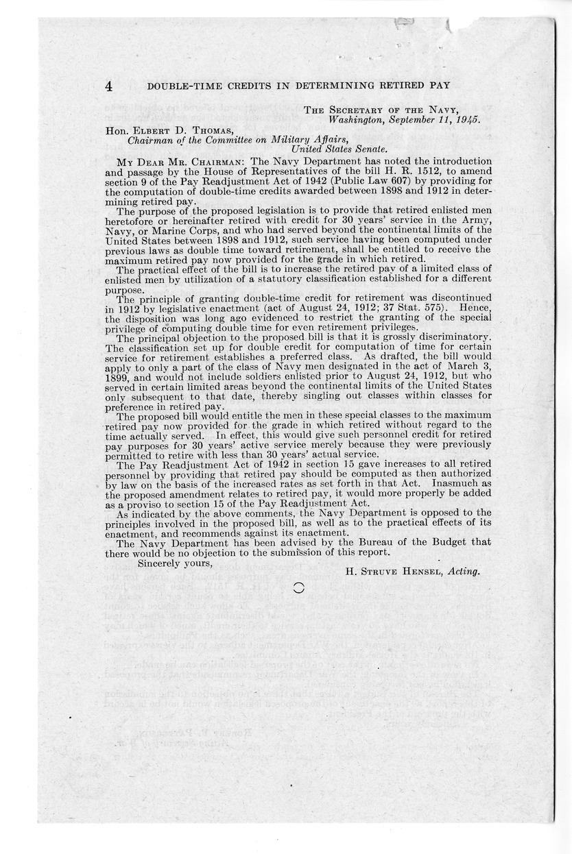 Memorandum from Harold D. Smith to M. C. Latta, H.R. 1512, To Amend Section 9 of the Pay Readjustment Act of 1942 (Public Law 607) by Providing for the Computation of Double-Time Credits Awarded Between 1898 and 1912 in Determining Retired Pay, with Attachments