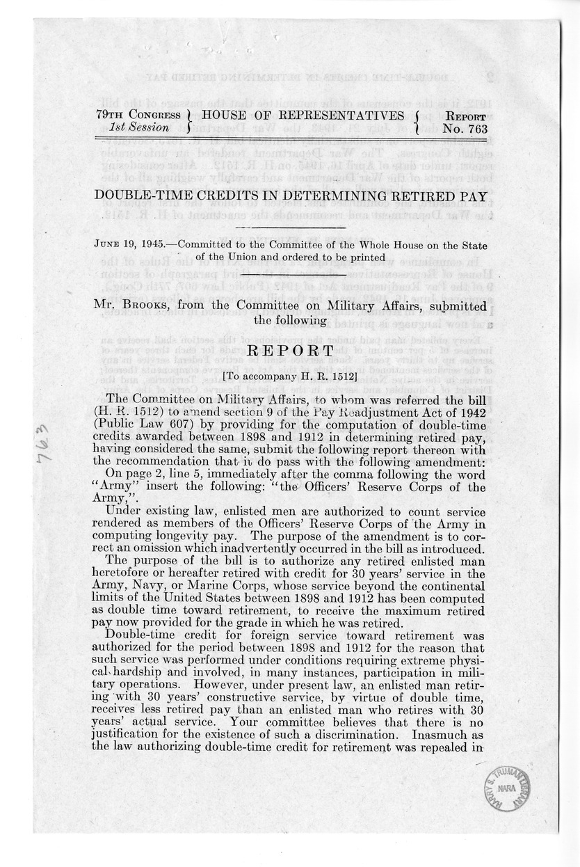 Memorandum from Harold D. Smith to M. C. Latta, H.R. 1512, To Amend Section 9 of the Pay Readjustment Act of 1942 (Public Law 607) by Providing for the Computation of Double-Time Credits Awarded Between 1898 and 1912 in Determining Retired Pay, with Attachments