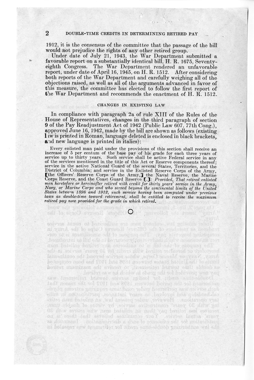 Memorandum from Harold D. Smith to M. C. Latta, H.R. 1512, To Amend Section 9 of the Pay Readjustment Act of 1942 (Public Law 607) by Providing for the Computation of Double-Time Credits Awarded Between 1898 and 1912 in Determining Retired Pay, with Attachments