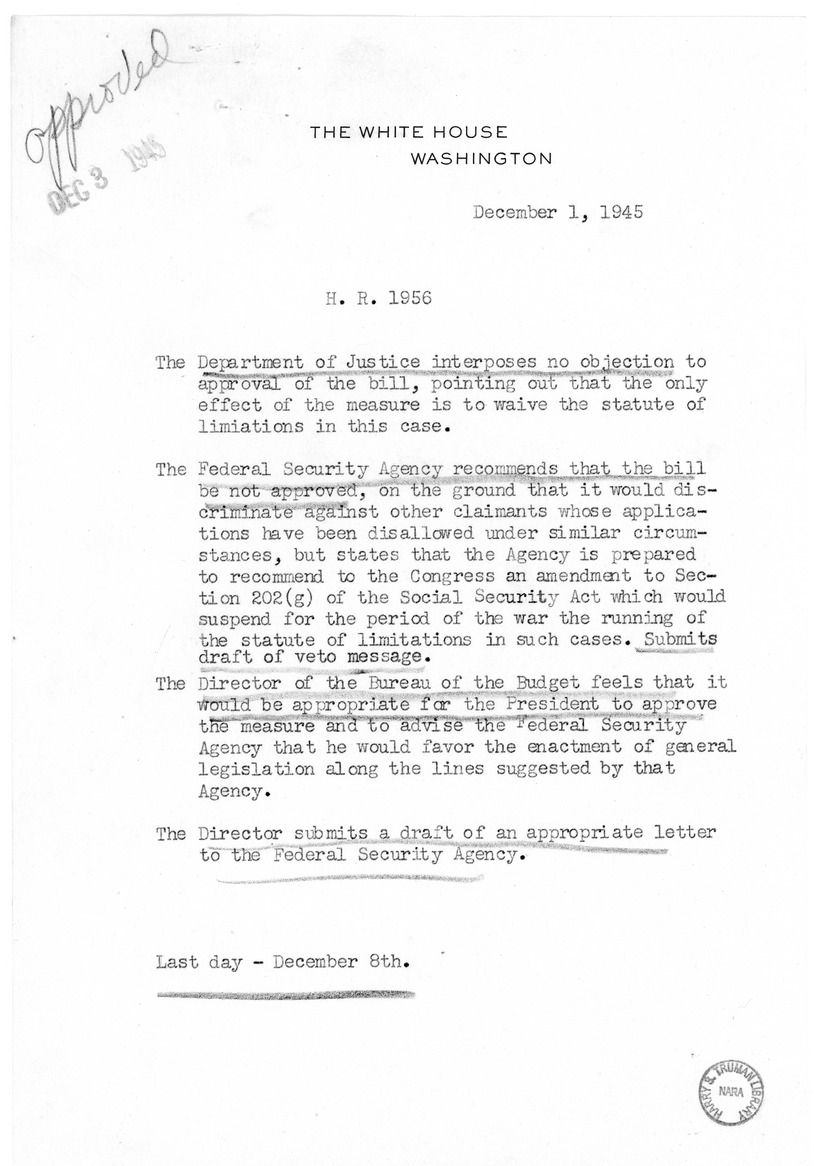 Memorandum from Harold D. Smith to M. C. Latta, H.R. 1956, For the Relief of Annie M. Lannon, with Attachments