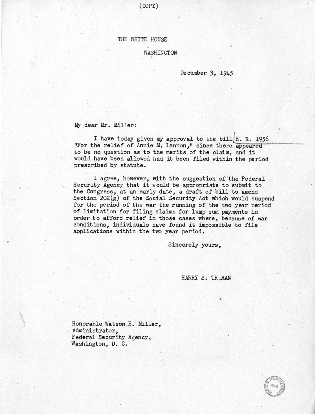 Memorandum from Harold D. Smith to M. C. Latta, H.R. 1956, For the Relief of Annie M. Lannon, with Attachments