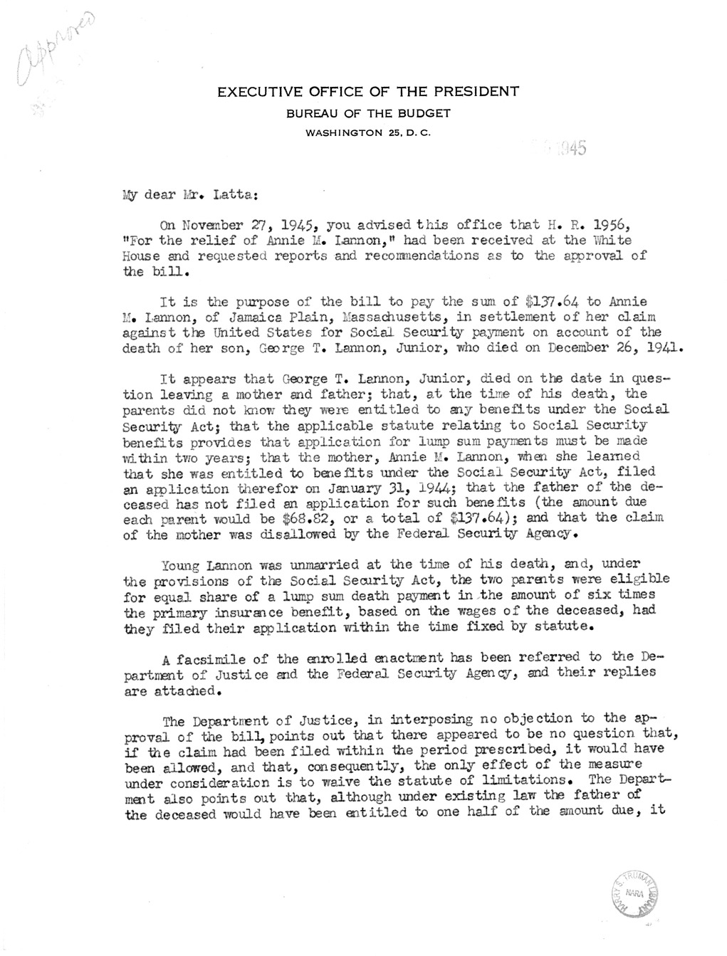 Memorandum from Harold D. Smith to M. C. Latta, H.R. 1956, For the Relief of Annie M. Lannon, with Attachments