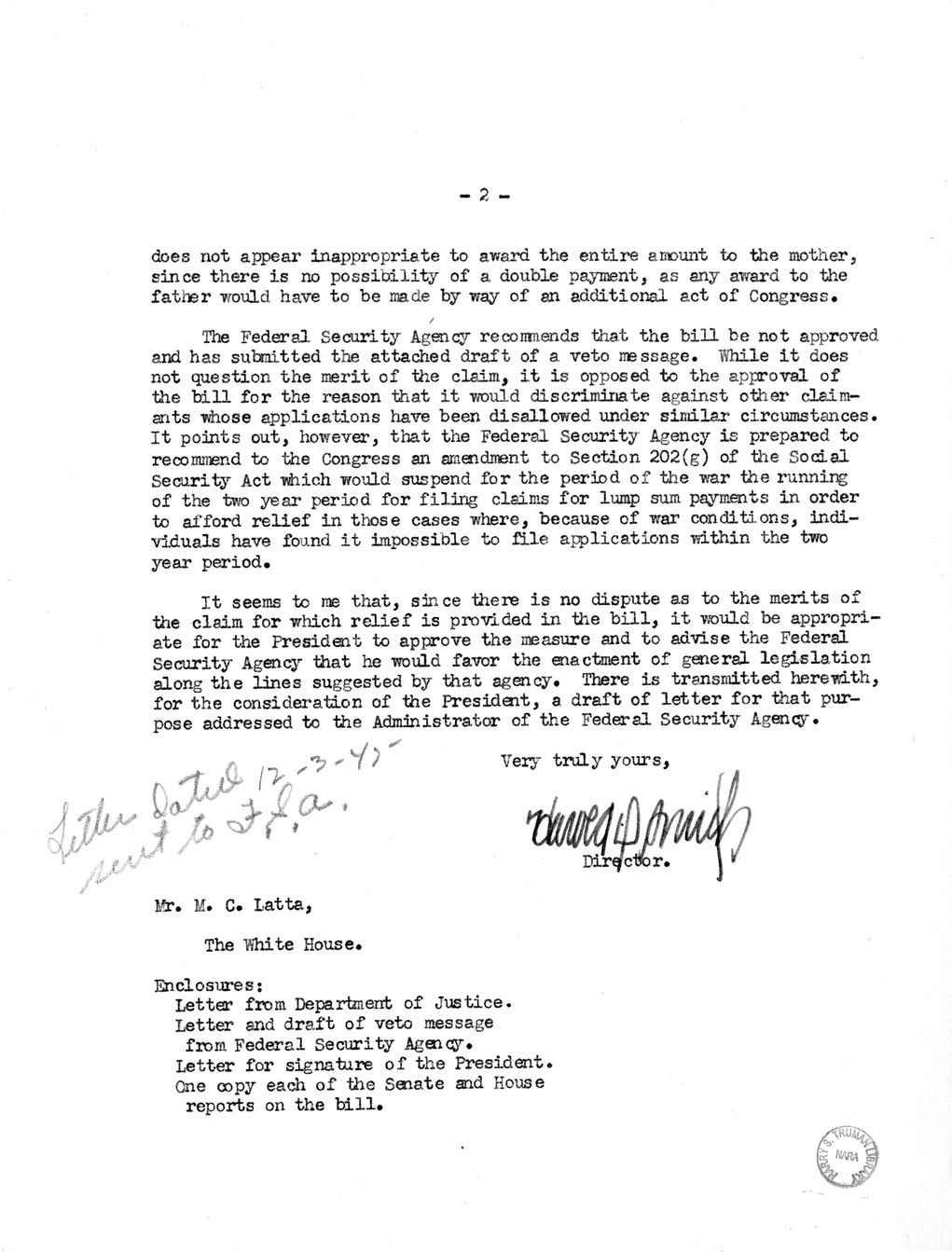 Memorandum from Harold D. Smith to M. C. Latta, H.R. 1956, For the Relief of Annie M. Lannon, with Attachments