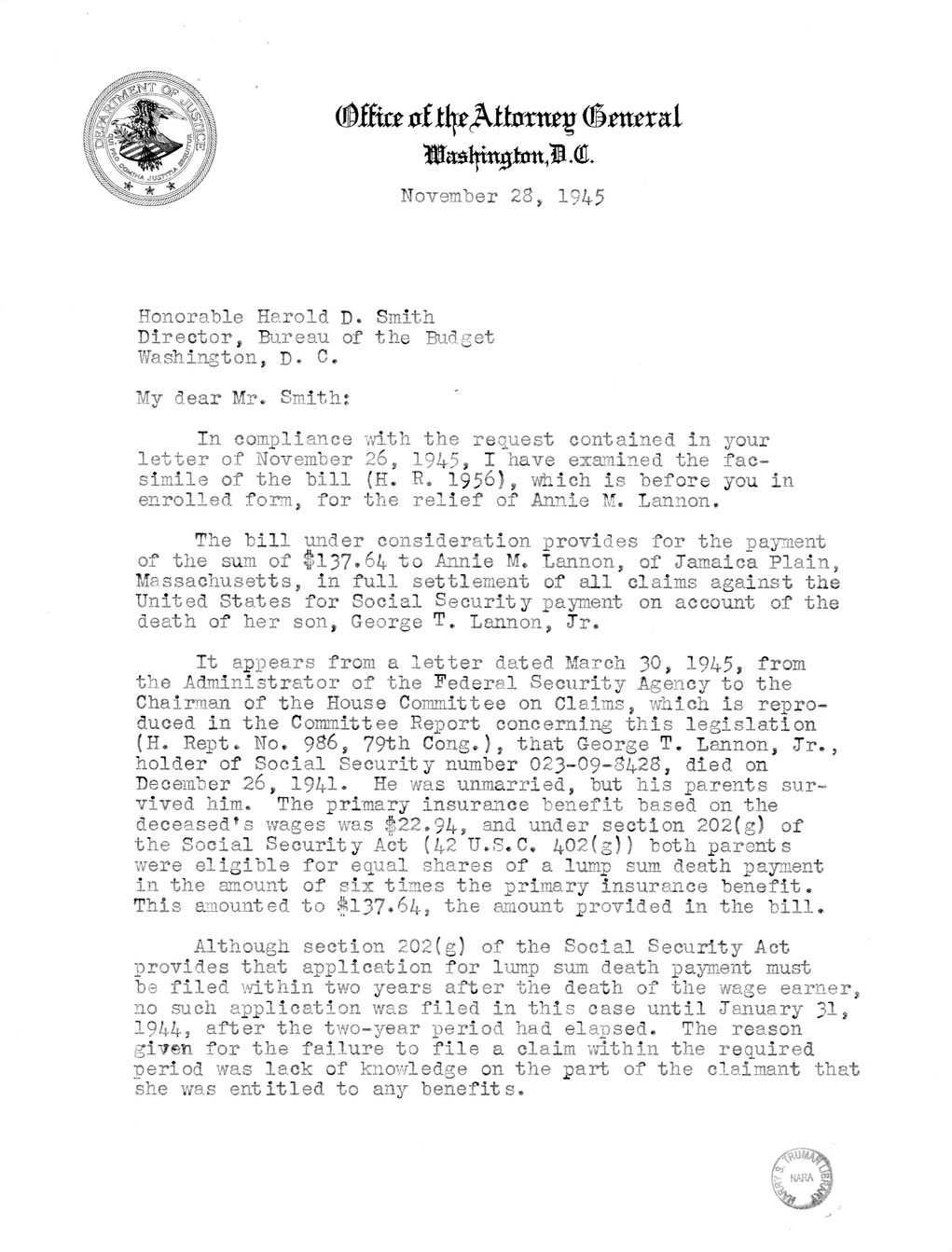 Memorandum from Harold D. Smith to M. C. Latta, H.R. 1956, For the Relief of Annie M. Lannon, with Attachments