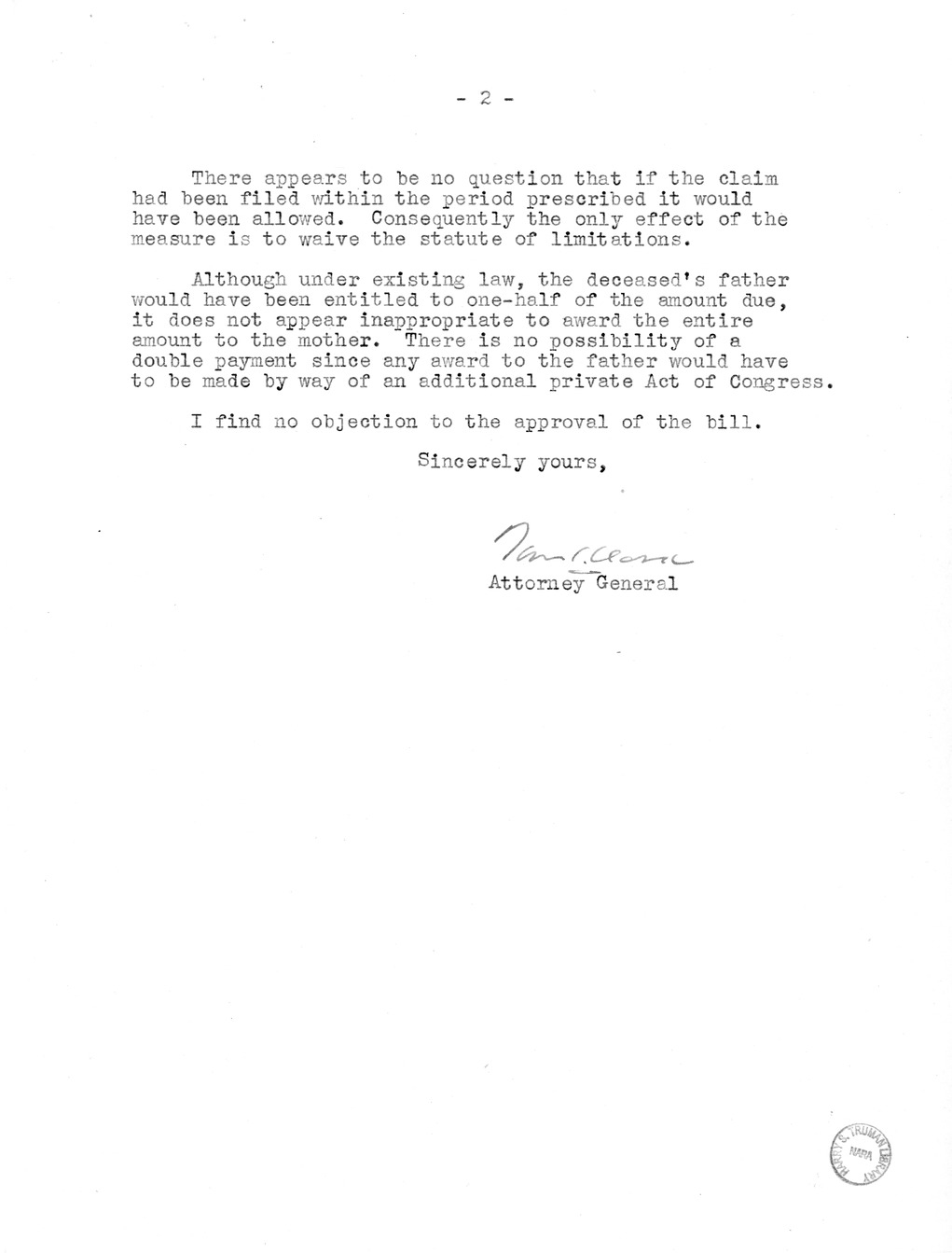 Memorandum from Harold D. Smith to M. C. Latta, H.R. 1956, For the Relief of Annie M. Lannon, with Attachments