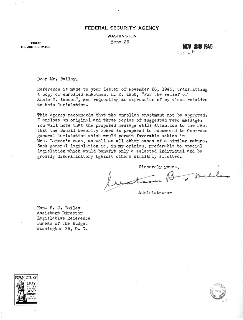 Memorandum from Harold D. Smith to M. C. Latta, H.R. 1956, For the Relief of Annie M. Lannon, with Attachments