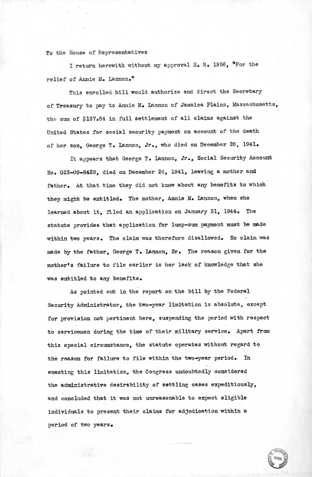 Memorandum from Harold D. Smith to M. C. Latta, H.R. 1956, For the Relief of Annie M. Lannon, with Attachments