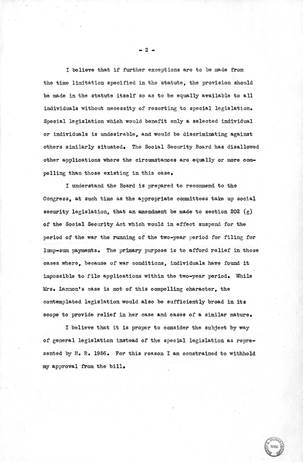 Memorandum from Harold D. Smith to M. C. Latta, H.R. 1956, For the Relief of Annie M. Lannon, with Attachments