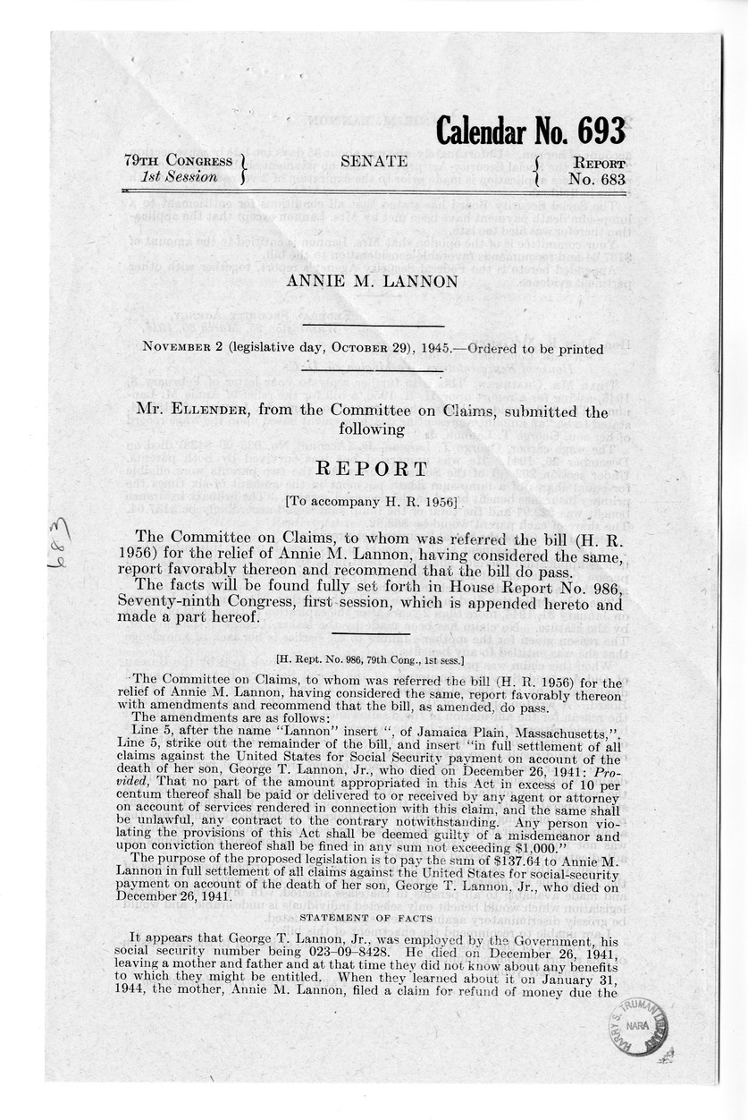 Memorandum from Harold D. Smith to M. C. Latta, H.R. 1956, For the Relief of Annie M. Lannon, with Attachments