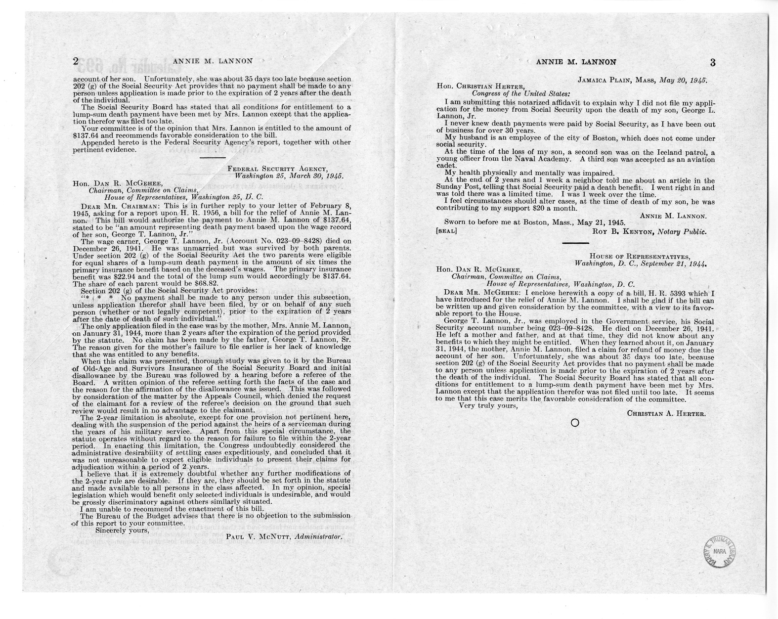 Memorandum from Harold D. Smith to M. C. Latta, H.R. 1956, For the Relief of Annie M. Lannon, with Attachments