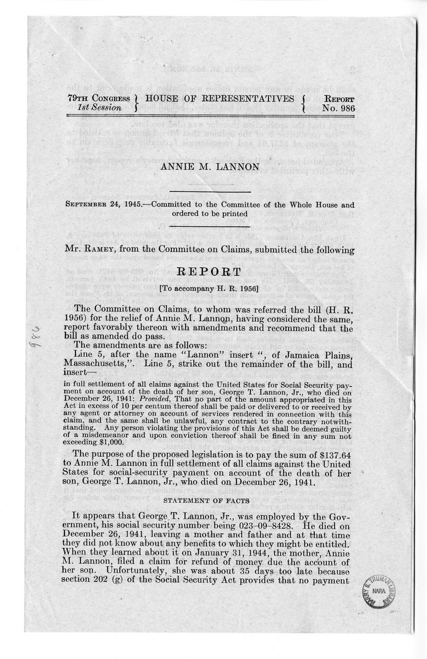 Memorandum from Harold D. Smith to M. C. Latta, H.R. 1956, For the Relief of Annie M. Lannon, with Attachments