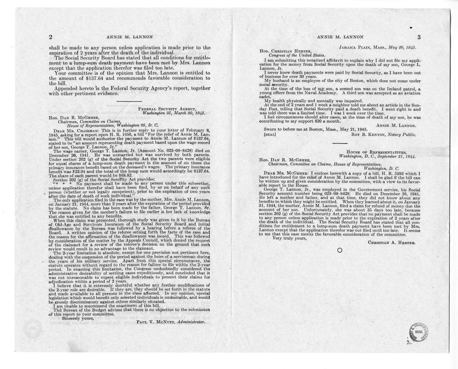 Memorandum from Harold D. Smith to M. C. Latta, H.R. 1956, For the Relief of Annie M. Lannon, with Attachments