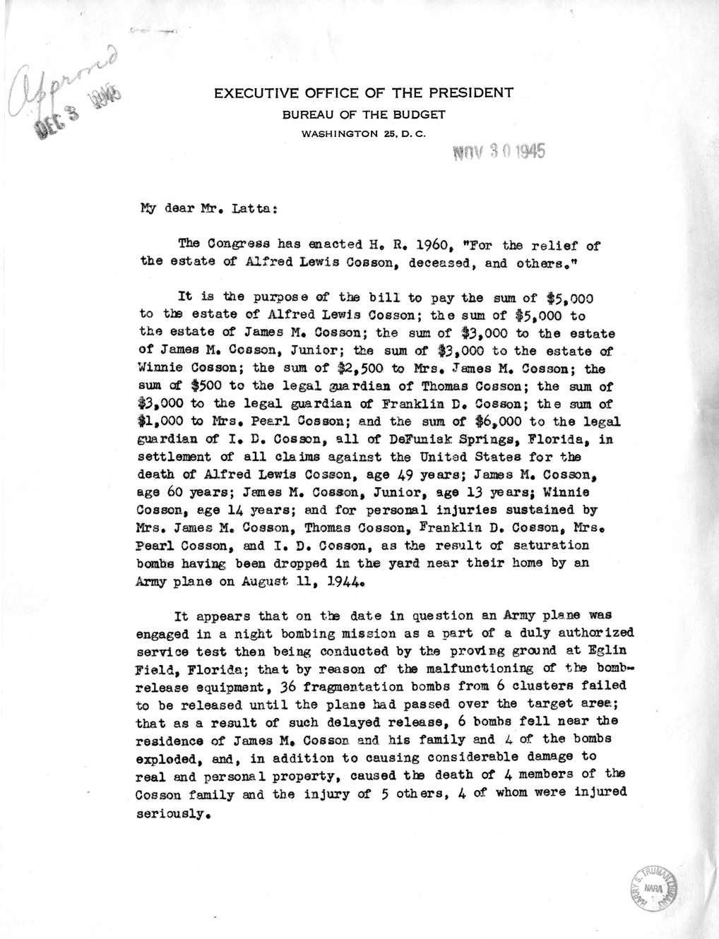 Memorandum from Frederick J. Bailey to M. C. Latta, H.R. 1960, For the Relief of the Estate of Alfred Lewis Cosson, Deceased, and Others, with Attachments