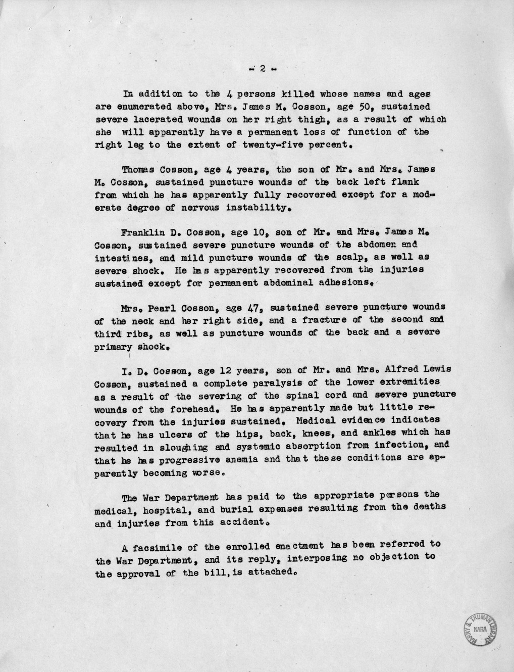 Memorandum from Frederick J. Bailey to M. C. Latta, H.R. 1960, For the Relief of the Estate of Alfred Lewis Cosson, Deceased, and Others, with Attachments