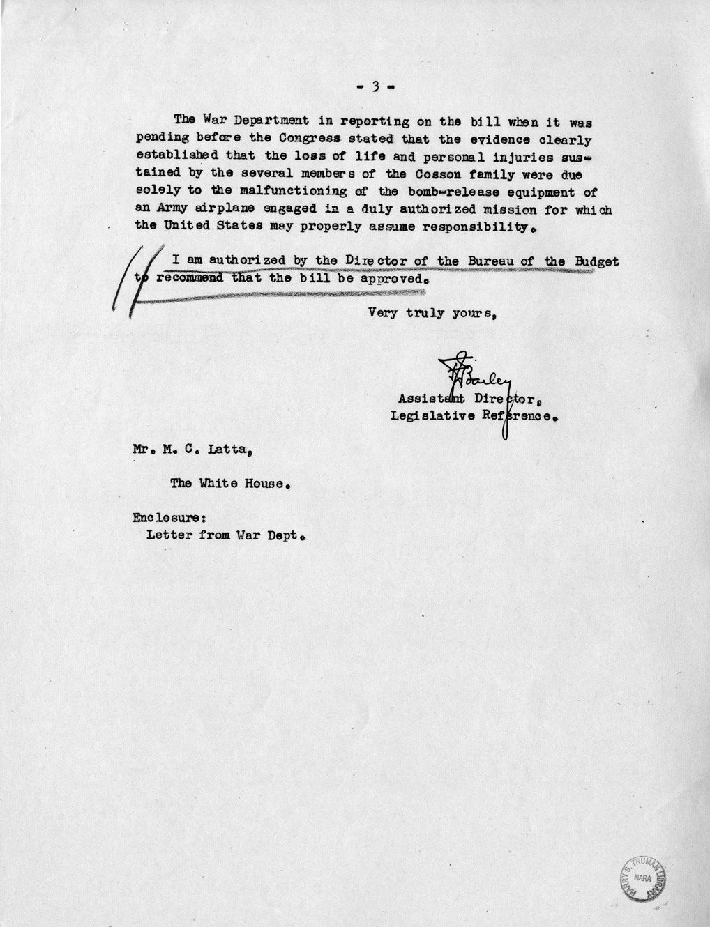 Memorandum from Frederick J. Bailey to M. C. Latta, H.R. 1960, For the Relief of the Estate of Alfred Lewis Cosson, Deceased, and Others, with Attachments