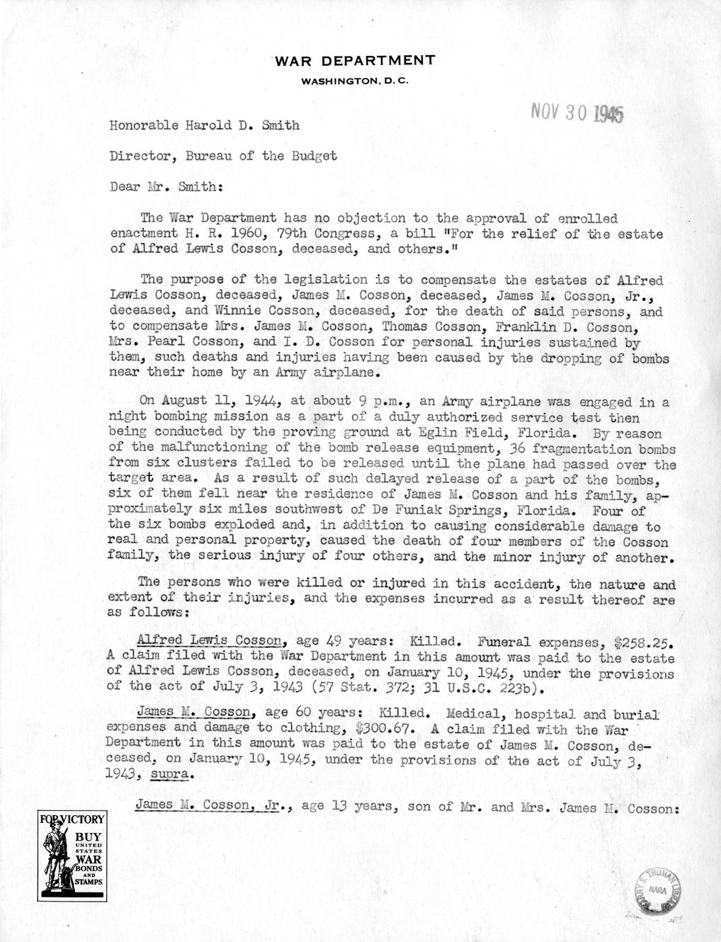 Memorandum from Frederick J. Bailey to M. C. Latta, H.R. 1960, For the Relief of the Estate of Alfred Lewis Cosson, Deceased, and Others, with Attachments