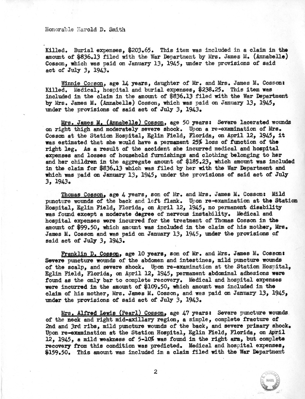 Memorandum from Frederick J. Bailey to M. C. Latta, H.R. 1960, For the Relief of the Estate of Alfred Lewis Cosson, Deceased, and Others, with Attachments