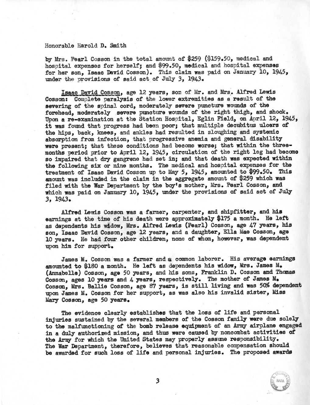 Memorandum from Frederick J. Bailey to M. C. Latta, H.R. 1960, For the Relief of the Estate of Alfred Lewis Cosson, Deceased, and Others, with Attachments