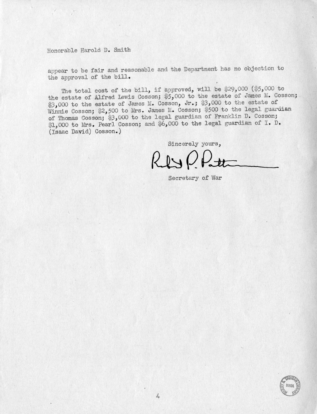 Memorandum from Frederick J. Bailey to M. C. Latta, H.R. 1960, For the Relief of the Estate of Alfred Lewis Cosson, Deceased, and Others, with Attachments