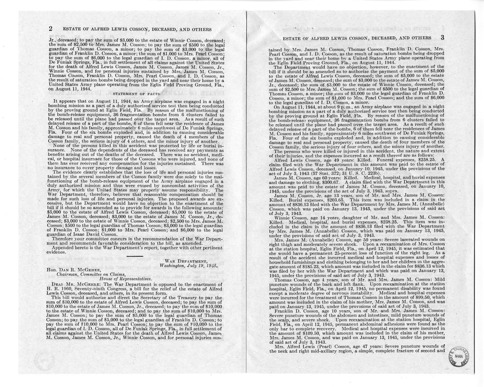 Memorandum from Frederick J. Bailey to M. C. Latta, H.R. 1960, For the Relief of the Estate of Alfred Lewis Cosson, Deceased, and Others, with Attachments