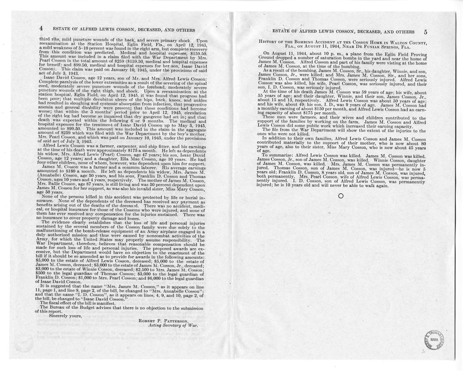 Memorandum from Frederick J. Bailey to M. C. Latta, H.R. 1960, For the Relief of the Estate of Alfred Lewis Cosson, Deceased, and Others, with Attachments