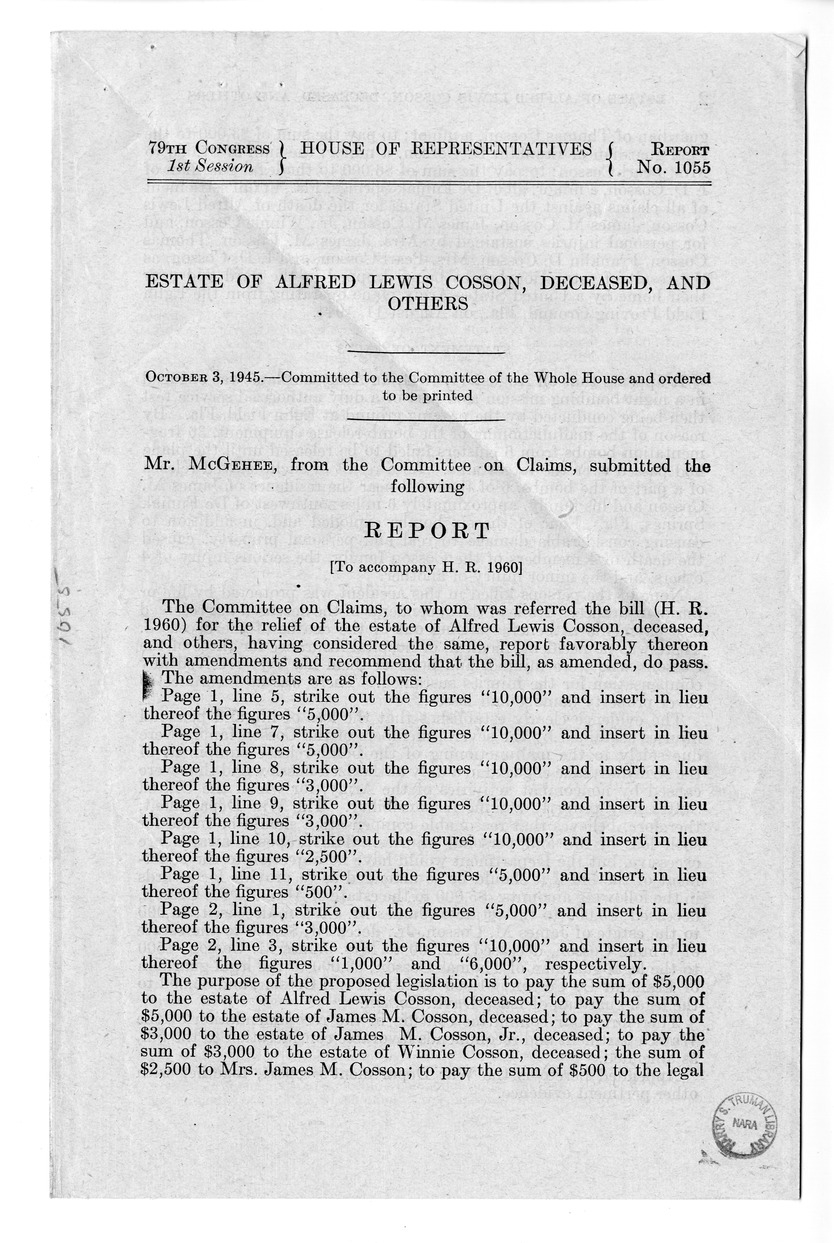 Memorandum from Frederick J. Bailey to M. C. Latta, H.R. 1960, For the Relief of the Estate of Alfred Lewis Cosson, Deceased, and Others, with Attachments