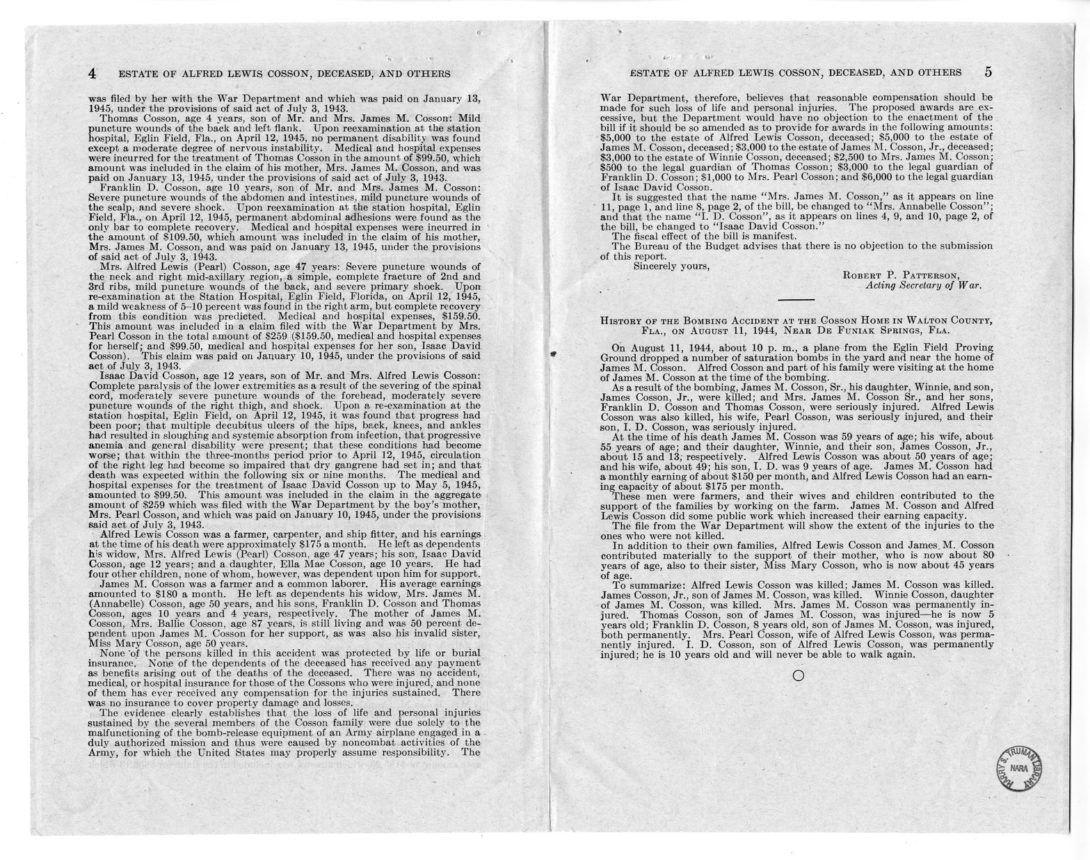 Memorandum from Frederick J. Bailey to M. C. Latta, H.R. 1960, For the Relief of the Estate of Alfred Lewis Cosson, Deceased, and Others, with Attachments