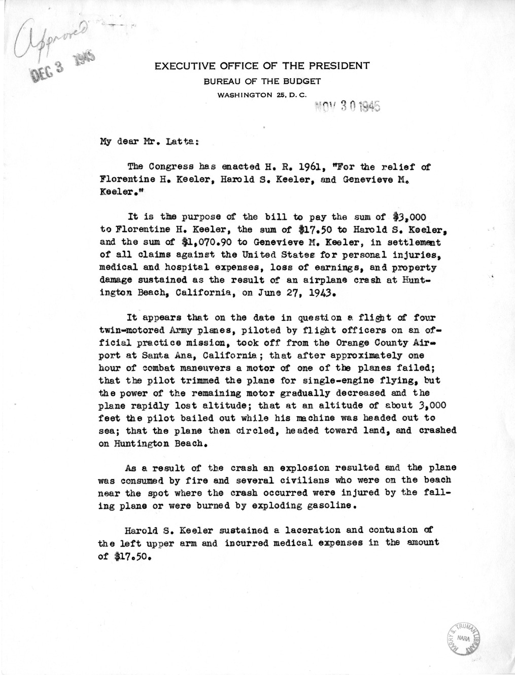 Memorandum from Frederick J. Bailey to M. C. Latta, H.R. 1961, For the Relief of Florentine H. Keeler, Harold S. Keeler, and Genevieve M. Keeler, with Attachments