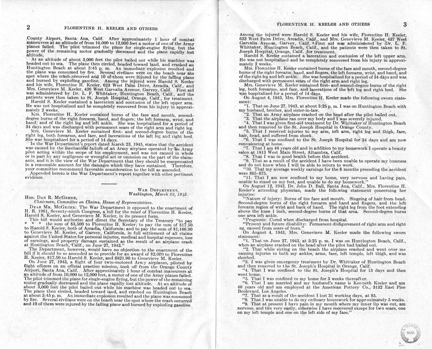 Memorandum from Frederick J. Bailey to M. C. Latta, H.R. 1961, For the Relief of Florentine H. Keeler, Harold S. Keeler, and Genevieve M. Keeler, with Attachments