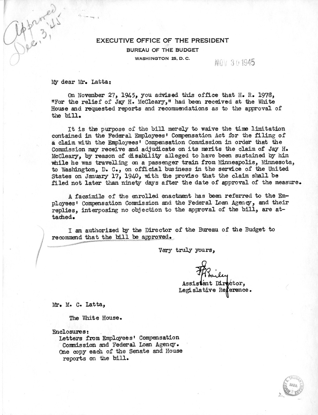 Memorandum from Frederick J. Bailey to M. C. Latta, H.R. 1978, For the Relief of Jay H. McCleary, with Attachments
