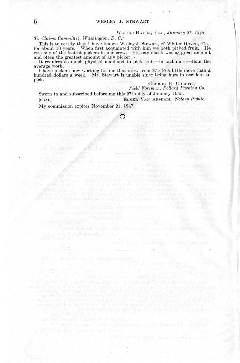 Memorandum from Frederick J. Bailey to M. C. Latta, H.R. 2029, For the Relief of Wesley J. Stewart, with Attachments