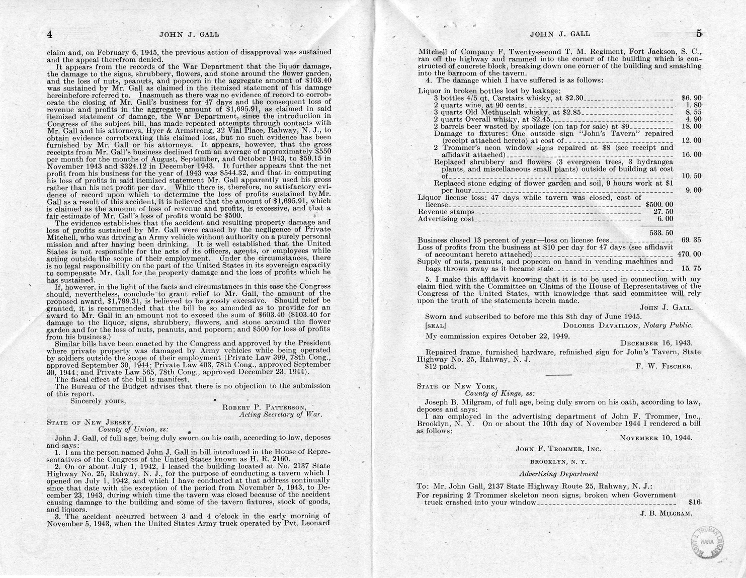 Memorandum from Frederick J. Bailey to M. C. Latta, H.R. 2160, For the Relief of John J. Gall, with Attachments