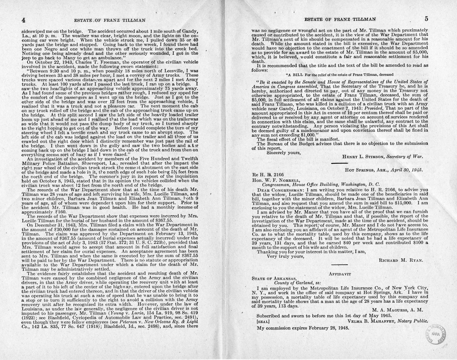 Memorandum from Frederick J. Bailey to M. C. Latta, H.R. 2166, For the Relief of the Estate of Franz Tillman, Deceased, with Attachments