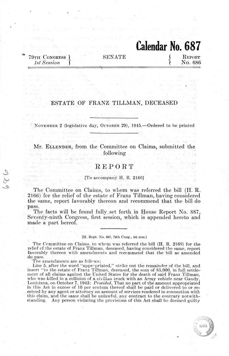 Memorandum from Frederick J. Bailey to M. C. Latta, H.R. 2166, For the Relief of the Estate of Franz Tillman, Deceased, with Attachments