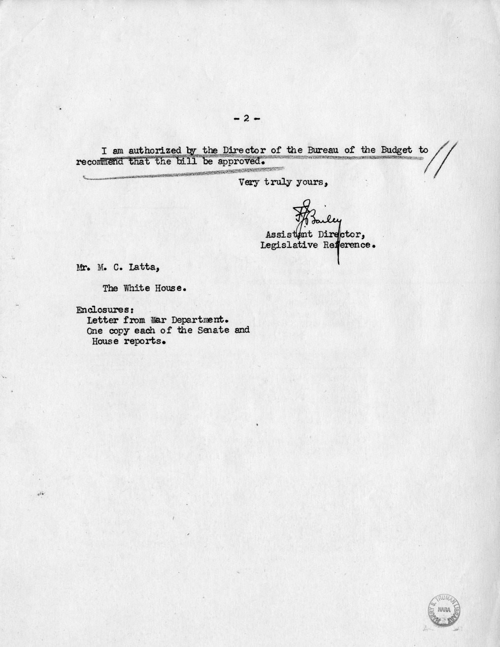 Memorandum from Frederick J. Bailey to M. C. Latta, H.R. 2189, For the Relief of Clifford E. Craig, with Attachments