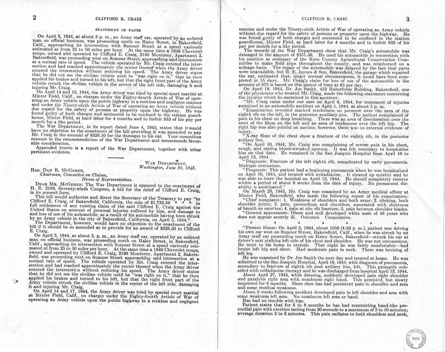 Memorandum from Frederick J. Bailey to M. C. Latta, H.R. 2189, For the Relief of Clifford E. Craig, with Attachments