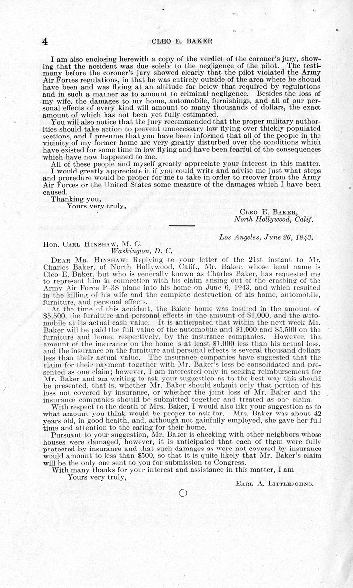 Memorandum from Frederick J. Bailey to M. C. Latta, H.R. 2191, For the Relief of Cleo E. Baker, with Attachments
